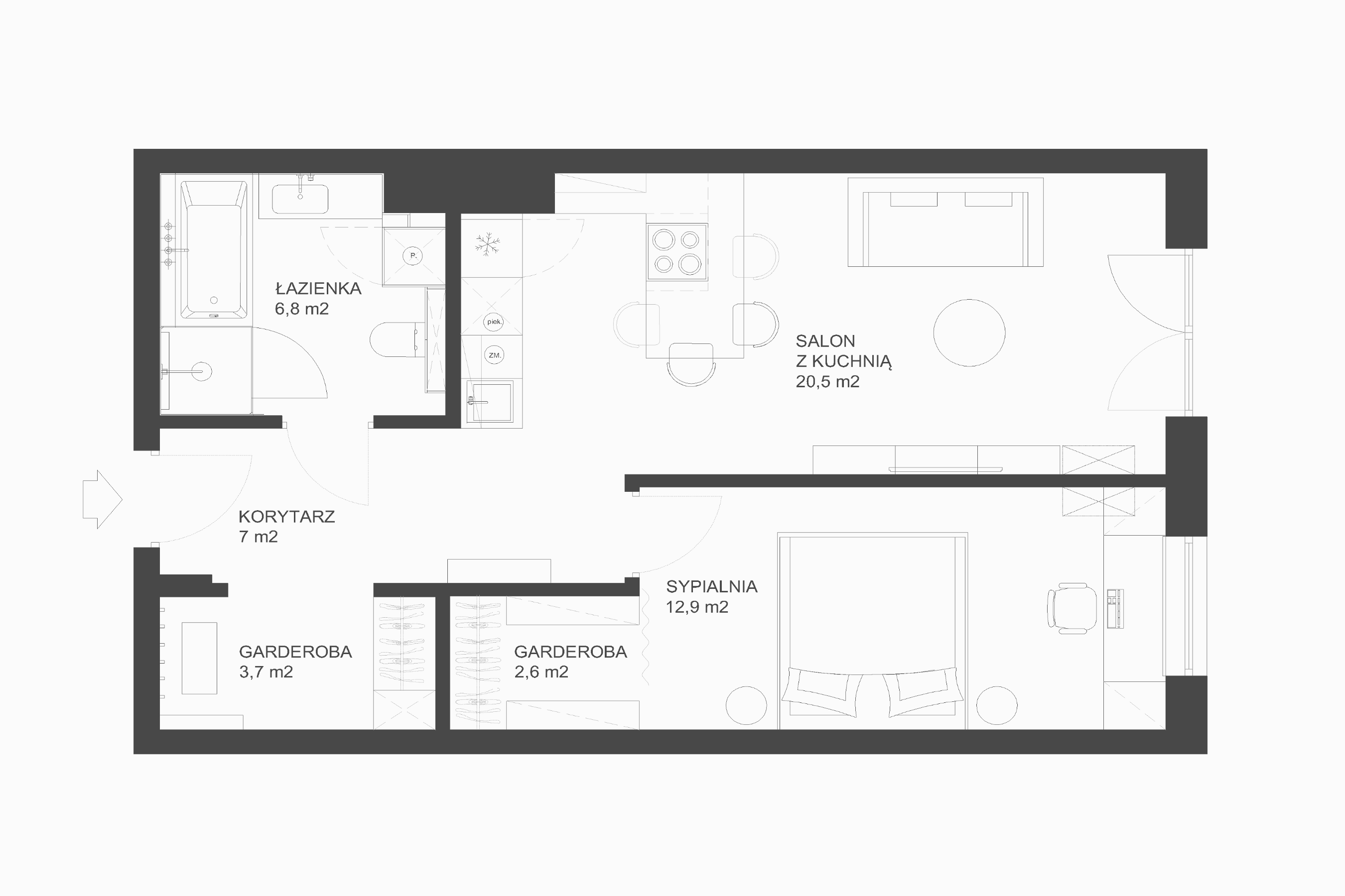 Dzięki skróceniu wnęki w korytarzu, udało się uzyskać drugą garderobę - od strony sypialni i poprawić proporcje mieszkania. A wyburzenie ściany oddzielającej kuchnię, doświetliło i otworzyło przestrzeń.